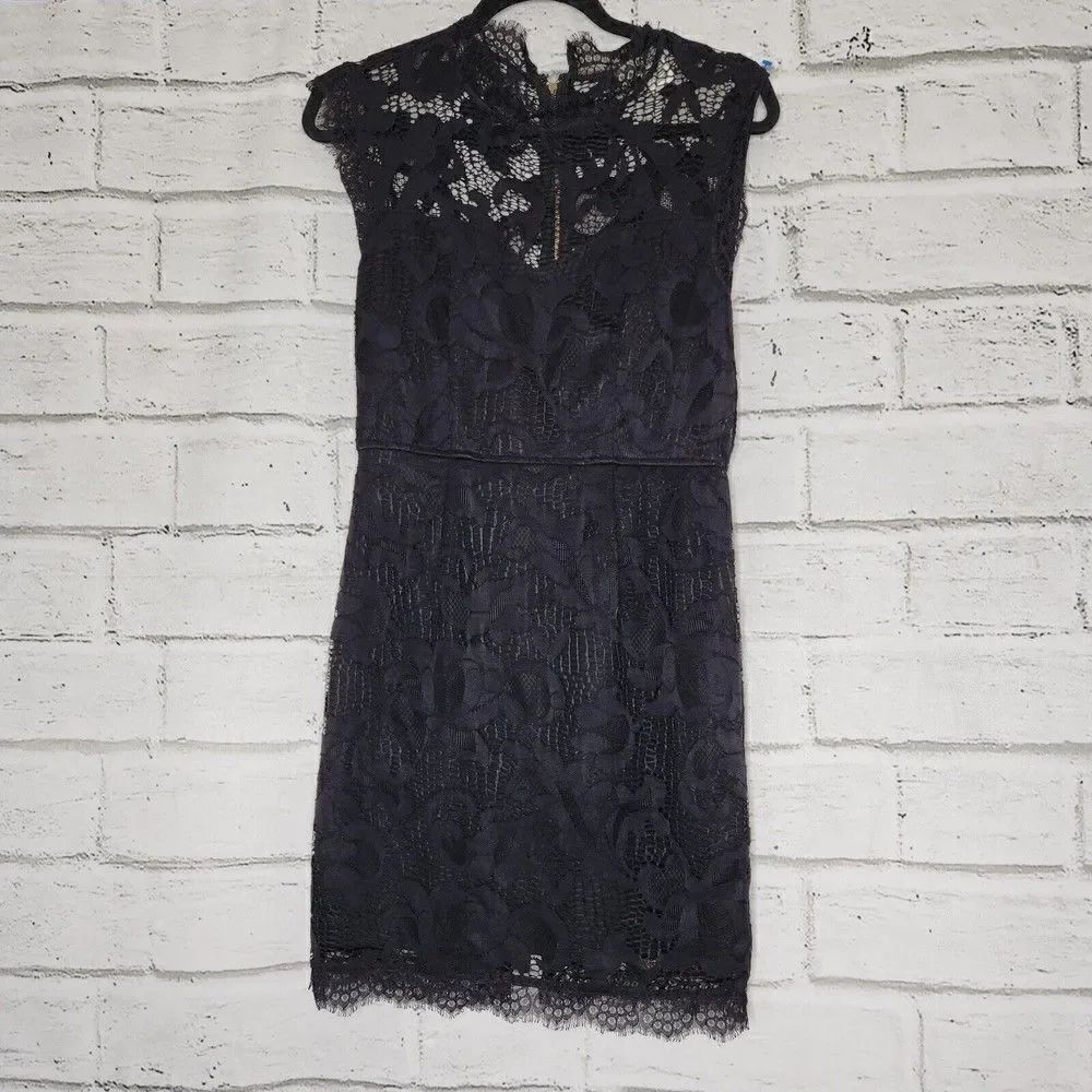 Sans Souci Solid Black Dress Womens Medium Mock Neck Lace Sheath Dress LBD